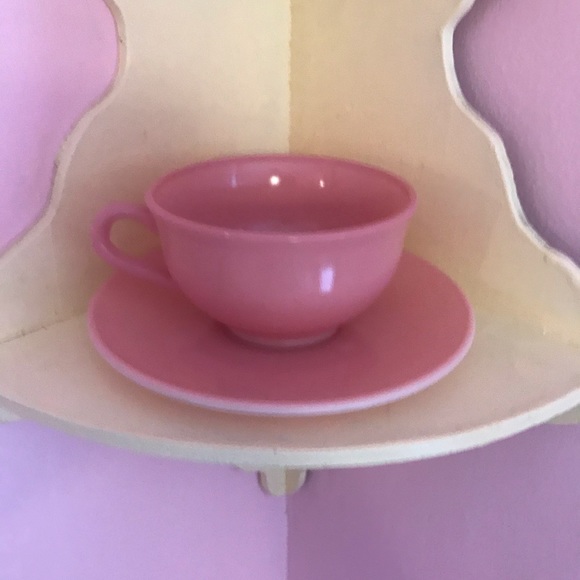 2 Vintage Hazel Atlas Moderntone Platonite Coffee Tea Cups & Saucers Pink - Picture 4 of 6